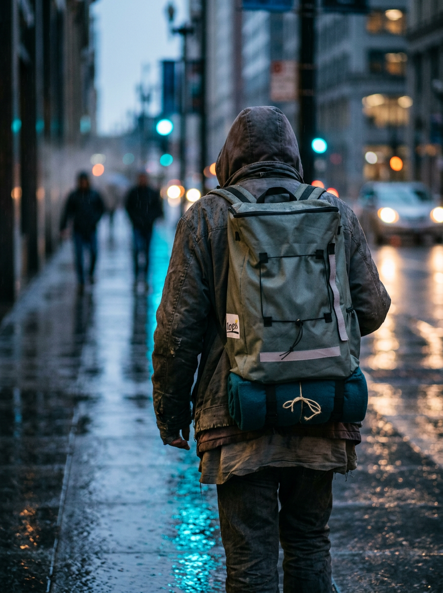 A person walks down a rainy street carrying all their belongings